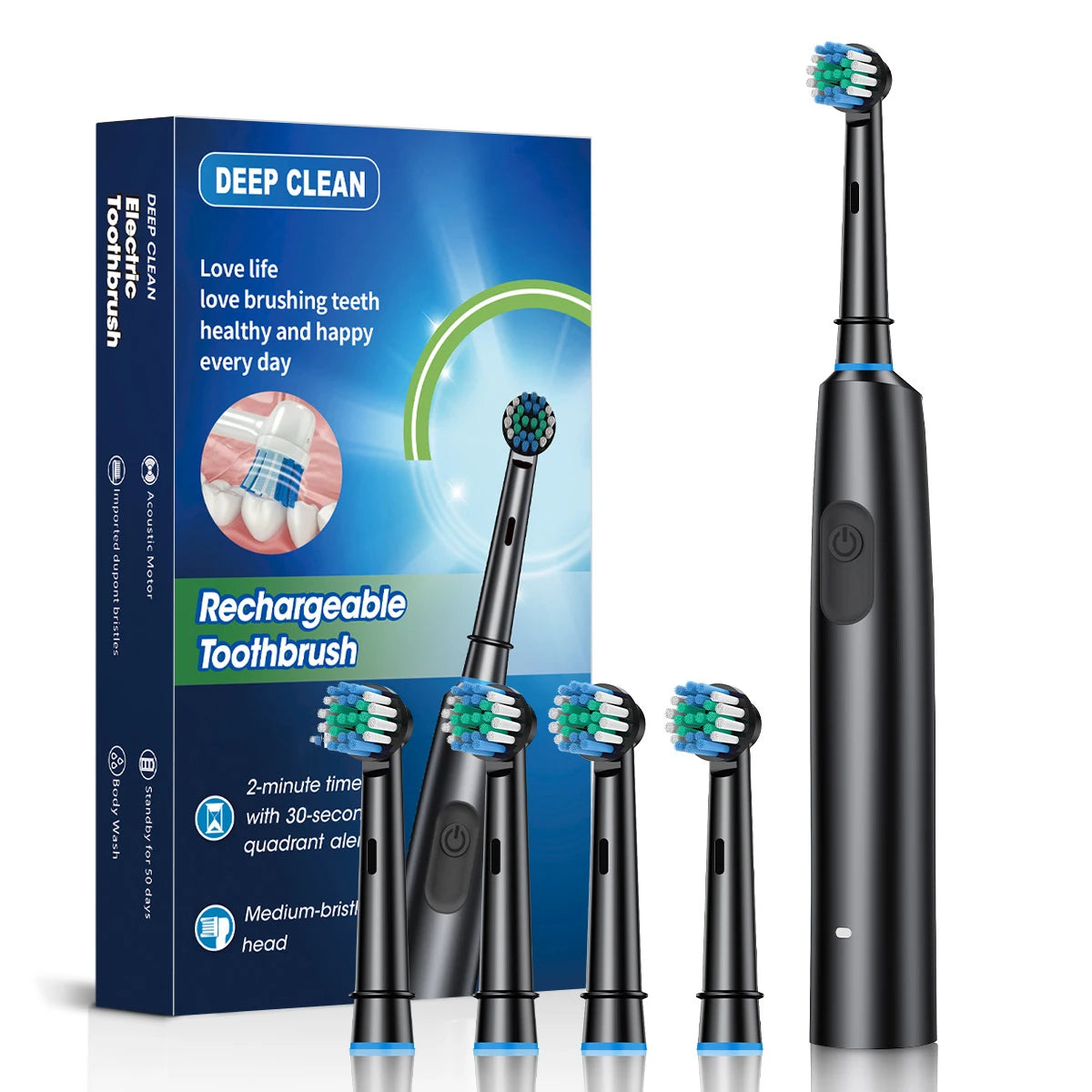 Electric Rotating Toothbrush Deep Clean Whitening Teeth for Adult Rechargeable Toothbrush with 4/8pcs Replacement Heads